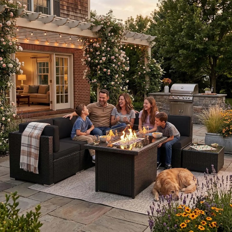 Outdoor Furniture Set With Fire Pit - 8-местный комплект плетеной мебели для патио