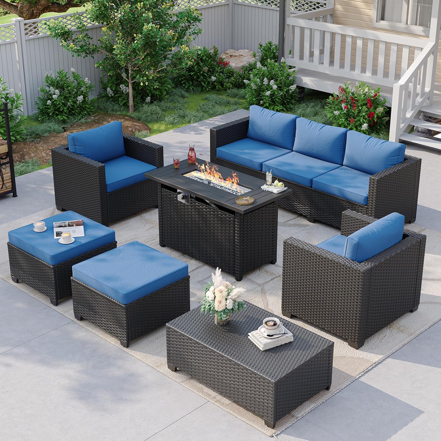Outdoor Furniture Set With Fire Pit - Синий уличный секционный диван с каминным